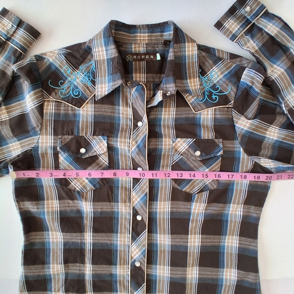 Roper Embroidered Plaid Snap Front Western Blouse Sz Large Turquoise Brown - Picture 8 of 10